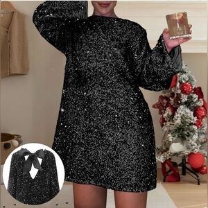 Women's Sequined Dress New Round Neck Long Sleeved Loose Oversized Sexy Sequin S